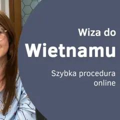 Kobieta w okularach z uśmiechem. Napis: Wiza do Wietnamu. Szybka procedura online.