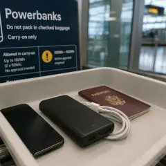 Na lotnisku, na taśmie do kontroli bezpieczeństwa, leżą telefon, powerbank i paszport. Tablica informuje o limicie powerbanków w bagażu podręcznym, przypominając o zasadach Ryanair.