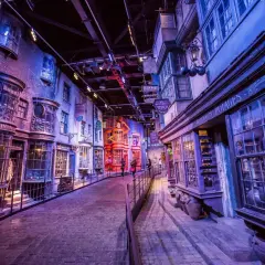 Magiczna uliczka z muzeum Harry'ego Pottera, pełna sklepów jak Ollivanders i apteka.