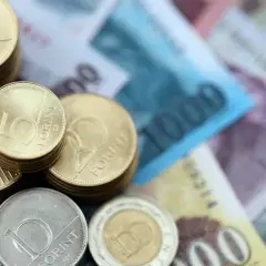 Stos monet i banknotów. Widać monety 5, 10 i 20 forintów. Jaka waluta na Węgrzech? Forint.