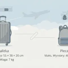 Porównanie walizki i plecaka jako bagażu podręcznego. Walizka: 55x38x20 cm, 7 kg. Plecak: 40x30x15 cm.