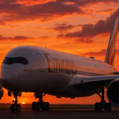 Airbus A350-900 Emirates na tle zachodzącego słońca.