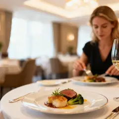 Elegancka kolacja w restauracji: danie z wołowiny i przegrzebków, kieliszek białego wina. Idealne na pobyt z opcją half board plus.