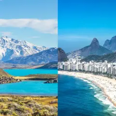 Krajobraz Argentyny z ośnieżonymi górami i turkusowym jeziorem obok plaży w Brazylii z górami w tle.