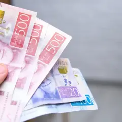 Dłoń trzyma banknoty 500 koron szwedzkich. To właśnie ta waluta obowiązuje w Szwecji.