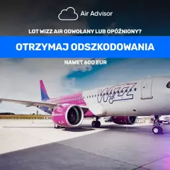 Samolot Wizz Air na płycie lotniska, z napisem "Otrzymaj odszkodowanie".