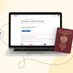 Czy wniosek o paszport można złożyć online? Laptop wyświetla stronę gov.pl z informacją o uzyskaniu paszportu. Obok leży polski paszport.
