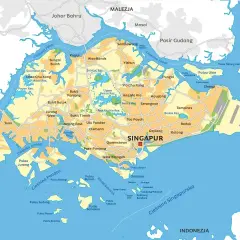 Mapa pokazuje, gdzie leży Singapur, między Malezją a Indonezją, otoczony wodami Cieśniny Johor i Cieśniny Singapurskiej.