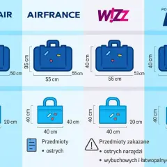 Porównanie wymiarów bagażu podręcznego i rejestrowanego różnych linii lotniczych, m.in. Ryanair, Air France, Wizz Air, LOT.
