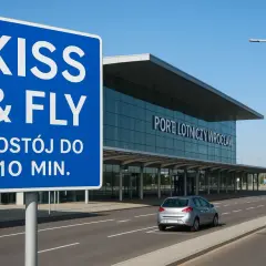 Niebieski znak "KISS & FLY" informuje o postoju do 10 min. przy Porcie Lotniczym Wrocław. Darmowy parking lotnisko Wrocław.