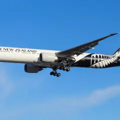 Boeing 777-200 linii Air New Zealand z charakterystycznym czarnym malowaniem z liściem paproci na ogonie, w locie na tle błękitnego nieba.