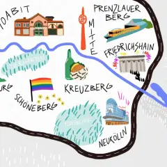 Ilustrowana mapa Berlina z dzielnicami jak Kreuzberg, Prenzlauer Berg. Czy Berlin jest bezpieczny? Wiele atrakcji, tęczowa flaga.