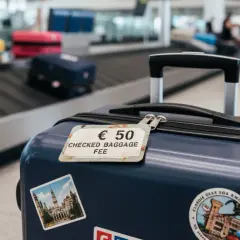 Bagaż rejestrowany kosztuje 50 euro. Walizka z etykietą opłaty za bagaż na taśmie bagażowej lotniska.
