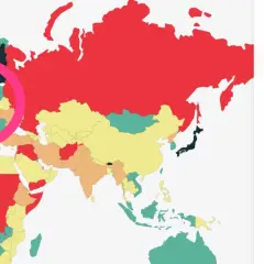 Mapa świata z zaznaczonymi krajami. Islandia jest na pierwszym miejscu jako najbezpieczniejszy kraj na świecie.