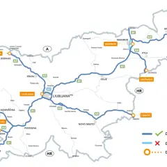 Mapa drogowa Słowenii z zaznaczonymi drogami płatnymi i bezpłatnymi, a także punktami DarsGo serwis. Waluta Słowenii to euro.