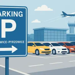 Parking przy lotnisku Katowice-Pyrzowice. Samolot startuje nad budynkiem terminala, a przed nim rząd kolorowych samochodów.