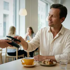 Mężczyzna płaci telefonem za kawę i bułeczkę w kawiarni. W Finlandii obowiązuje euro, więc płatność jest bezproblemowa.