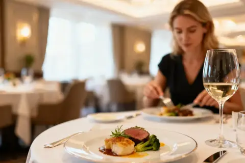 Elegancka kolacja w restauracji: danie z wołowiny i przegrzebków, kieliszek białego wina. Idealne na pobyt z opcją half board plus.