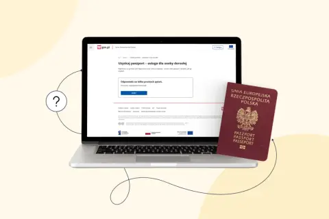 Czy wniosek o paszport można złożyć online? Laptop wyświetla stronę gov.pl z informacją o uzyskaniu paszportu. Obok leży polski paszport.