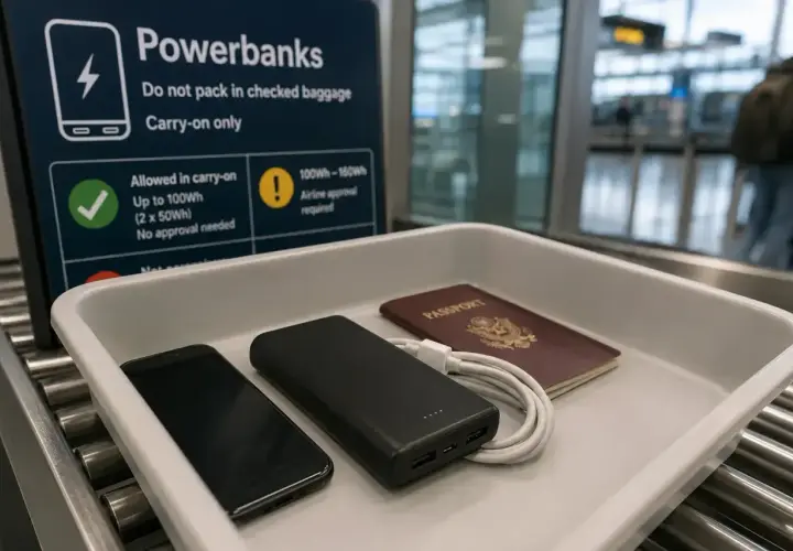 Na lotnisku, na taśmie do kontroli bezpieczeństwa, leżą telefon, powerbank i paszport. Tablica informuje o limicie powerbanków w bagażu podręcznym, przypominając o zasadach Ryanair.