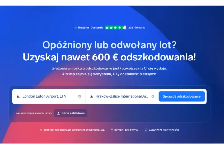 Opóźniony lot? Sprawdź, czy przysługuje Ci odszkodowanie za odwołany lot. Wpisz trasę, np. z Londynu do Krakowa, i dowiedz się, ile możesz zyskać.