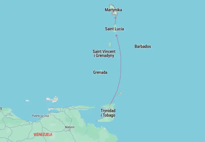 Mapa pokazuje, gdzie leżą Karaiby: Martynika, Saint Lucia, Saint Vincent i Grenadyny, Grenada, Trynidad i Tobago, Barbados, blisko Wenezueli.