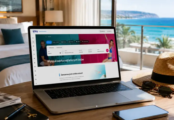 Szukasz tanich lotów na majówkę? Laptop z widokiem na morze pokazuje wyszukiwarkę lotów eSky.