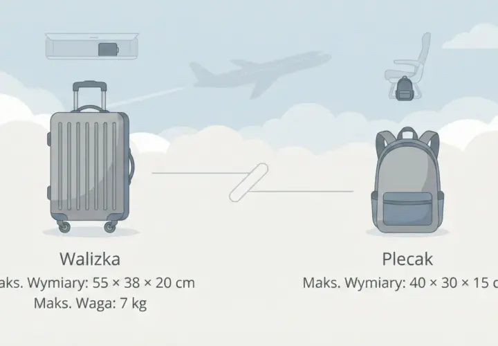 Porównanie walizki i plecaka jako bagażu podręcznego. Walizka: 55x38x20 cm, 7 kg. Plecak: 40x30x15 cm.