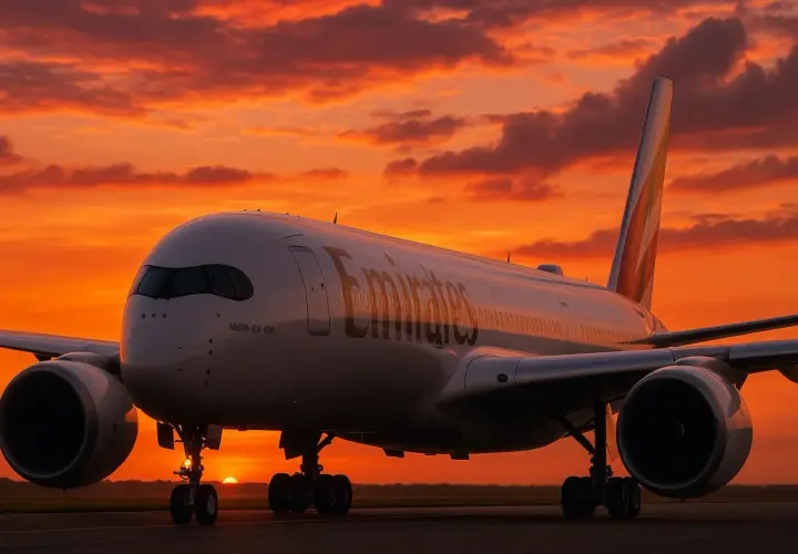 Airbus A350-900 Emirates na tle zachodzącego słońca.