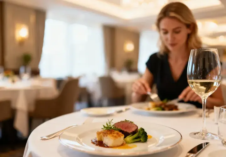 Elegancka kolacja w restauracji: danie z wołowiny i przegrzebków, kieliszek białego wina. Idealne na pobyt z opcją half board plus.