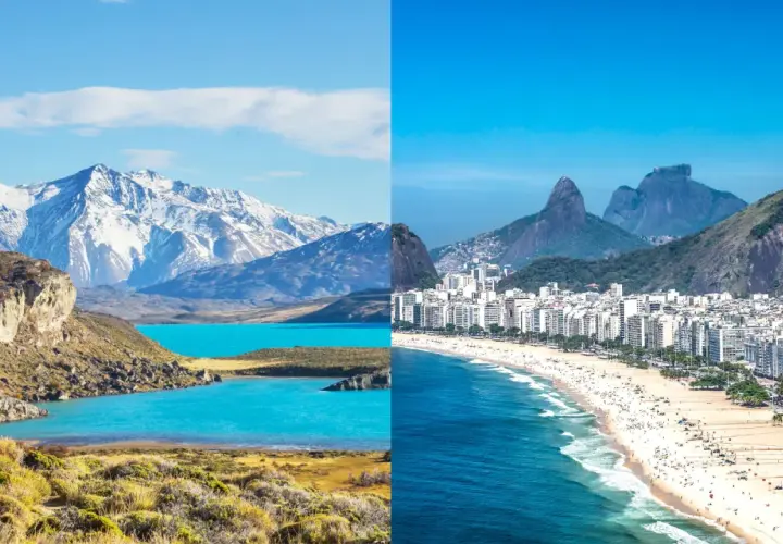 Krajobraz Argentyny z ośnieżonymi górami i turkusowym jeziorem obok plaży w Brazylii z górami w tle.