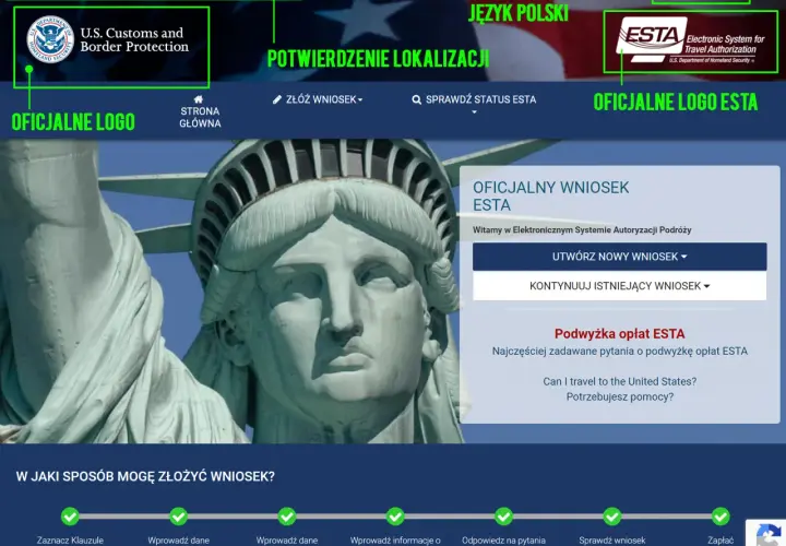Oficjalna strona ESTA, gdzie sprawdzisz, czy do USA potrzebna jest wiza. Złóż wniosek lub kontynuuj istniejący.