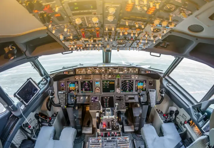 Kokpit samolotu a320neo. Widok z fotela pilota na zaawansowane przyrządy, ekrany i dźwignie sterowania.