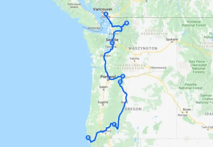 Trasa podróży przez kraje Ameryki Północnej: Vancouver, Seattle, Portland, Oregon. Widoczne też części Waszyngtonu i Idaho.