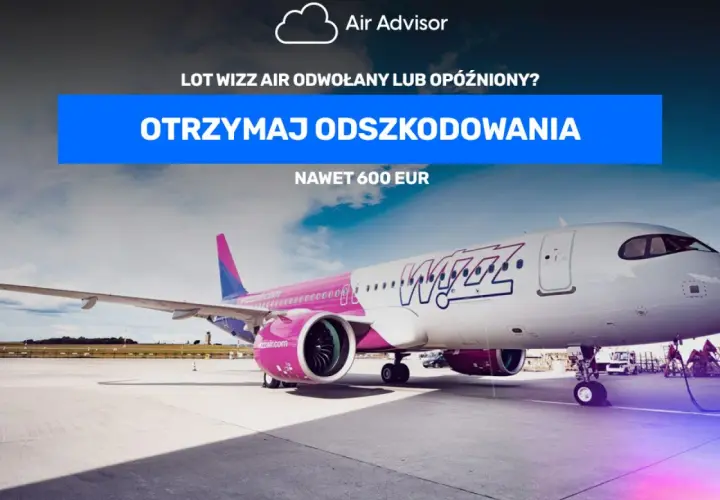 Samolot Wizz Air na płycie lotniska, z napisem "Otrzymaj odszkodowanie".