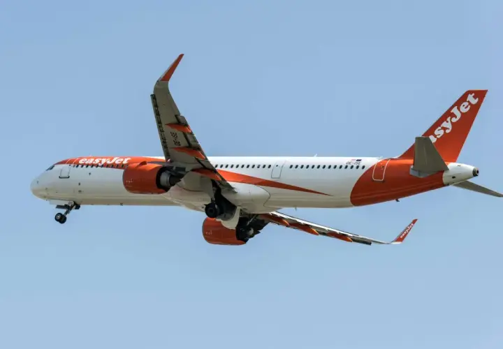 Samolot easyJet w locie. Pamiętaj o easyjet wymiary bagażu podręcznego przed podróżą.