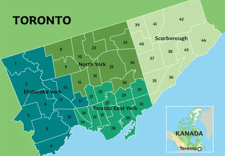 Mapa pokazuje, gdzie jest Toronto, podzielone na dzielnice: Etobicoke York, North York, Scarborough i Toronto East York.