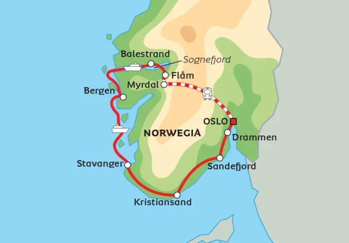 Mapa Norwegii pokazuje trasę podróży przez Sognefjord, Bergen, Stavanger, Kristiansand, Sandefjord, Drammen i gdzie jest Oslo.