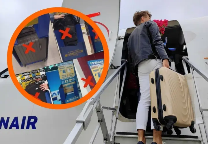 Mężczyzna z walizką i kwiatami wsiada do samolotu Ryanair. W kółku widać tabliczki z wymiarami bagażu kabinowego i czerwonymi krzyżykami, sugerujące problemy z bagażem mimo opcji priority.