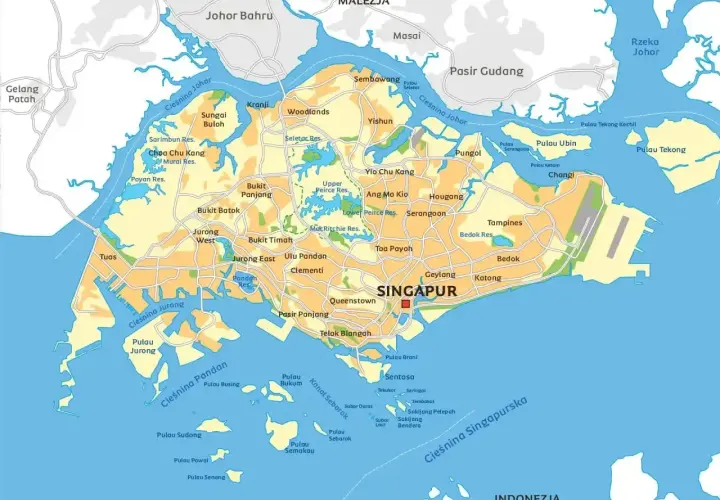 Mapa pokazuje, gdzie leży Singapur, między Malezją a Indonezją, otoczony wodami Cieśniny Johor i Cieśniny Singapurskiej.