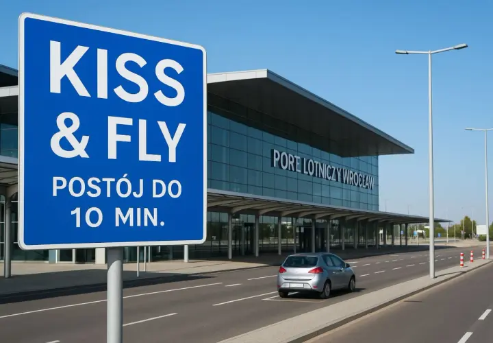 Niebieski znak "KISS & FLY" informuje o postoju do 10 min. przy Porcie Lotniczym Wrocław. Darmowy parking lotnisko Wrocław.