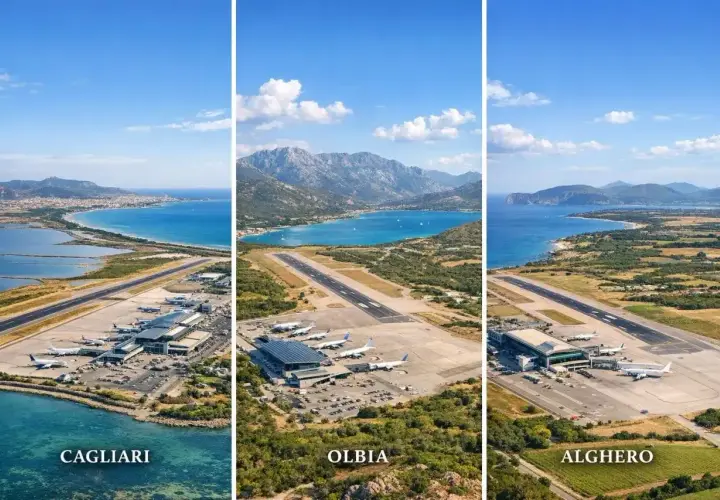 Trzy lotniska na Sardynii: Cagliari, Olbia i Alghero, z widokiem na morze i góry.