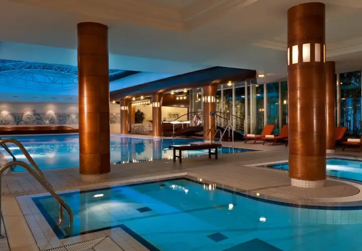 Basen hotelowy z leżakami i dekoracjami ściennymi.