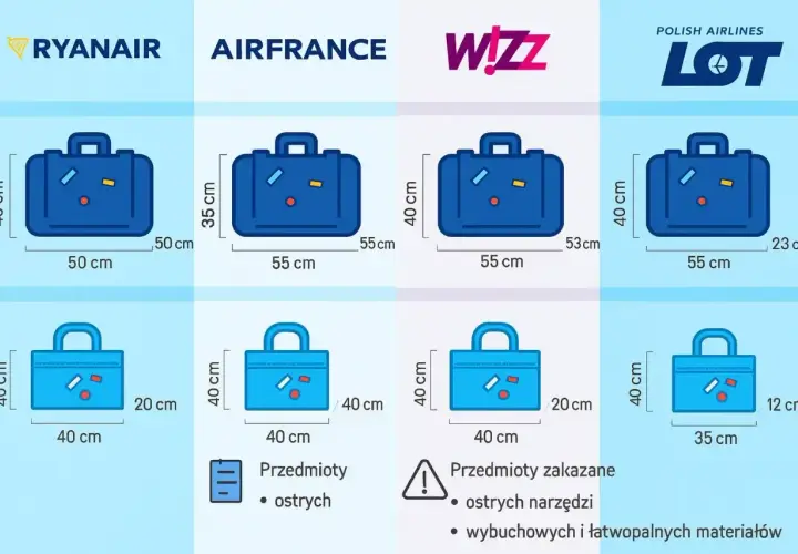 Porównanie wymiarów bagażu podręcznego i rejestrowanego dla LOT, Ryanair, Air France i Wizz Air. Wymiary i lista przedmiotów osobistych dozwolonych i zakazanych.