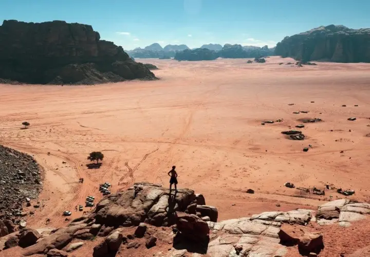 Pustynia Wadi Rum w Jordanii, gdzie turysta czeka na wizę, podziwia krajobraz z samotnym drzewem i samochodami terenowymi.