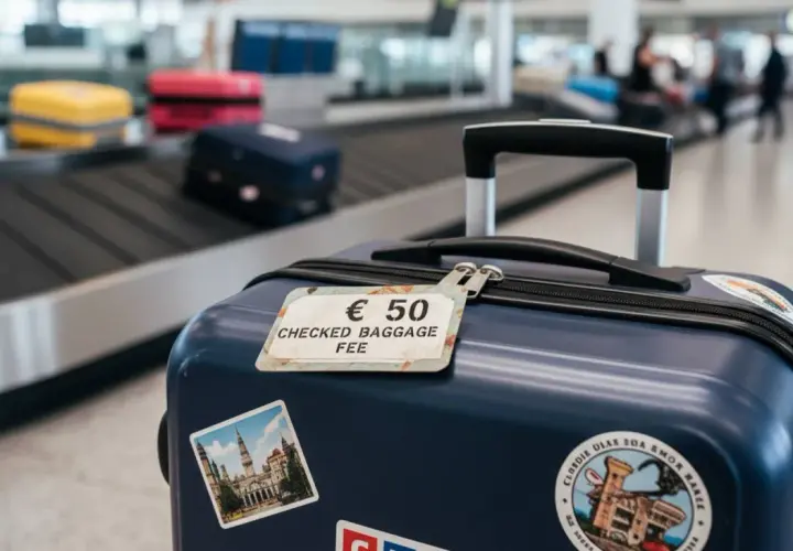 Bagaż rejestrowany kosztuje 50 euro. Walizka z etykietą opłaty za bagaż na taśmie bagażowej lotniska.