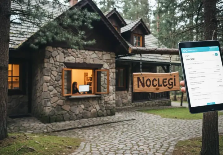 Kamienny domek z tabliczką "NOCLEGI" i fakturą Airbnb na tablecie.