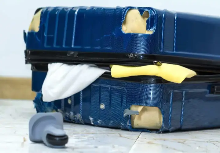 Uszkodzona walizka po podróży, idealna do złożenia reklamacji w Ryanair.