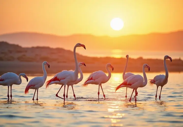 Djerba flamingi o zachodzie słońca. Różowe ptaki brodzą w płytkiej wodzie, odbijając się w złotym blasku.