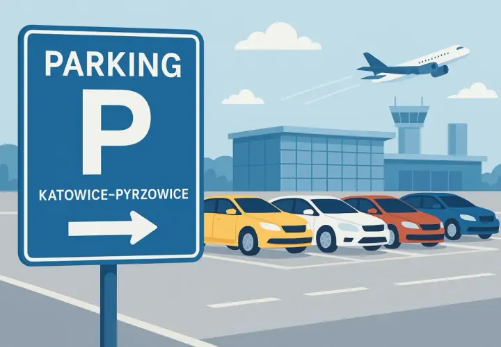 Parking przy lotnisku Katowice-Pyrzowice. Samolot startuje nad budynkiem terminala, a przed nim rząd kolorowych samochodów.